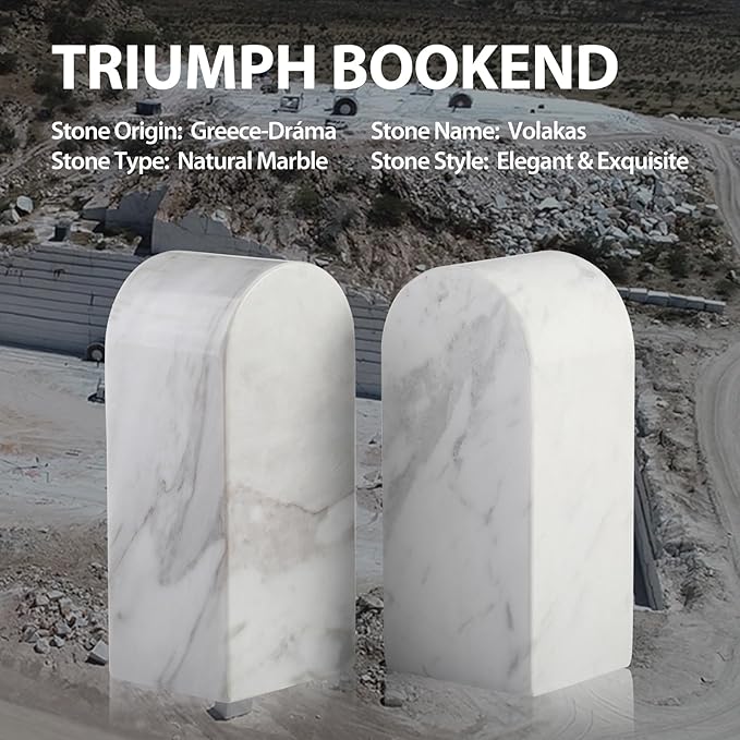 Koville Luxury Greek Marble Bookends for Shelves, Decorative Book Ends, 7lbs Heavy-Duty Marble Book Holders, Bookshelf Apartment Decor for Normal Books/CD/Video Games(Volakas)