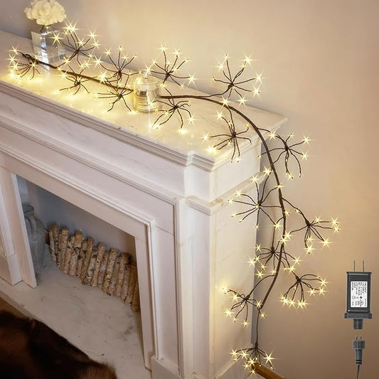 Hairui Lighted Brown Starburst Garland with Timer and Dimmer 6FT 160 LED Fairy Lights Plug in, Twig Vine with Lights for Christmas Fireplace Mantle Table Decoration Indoor Outdoor
