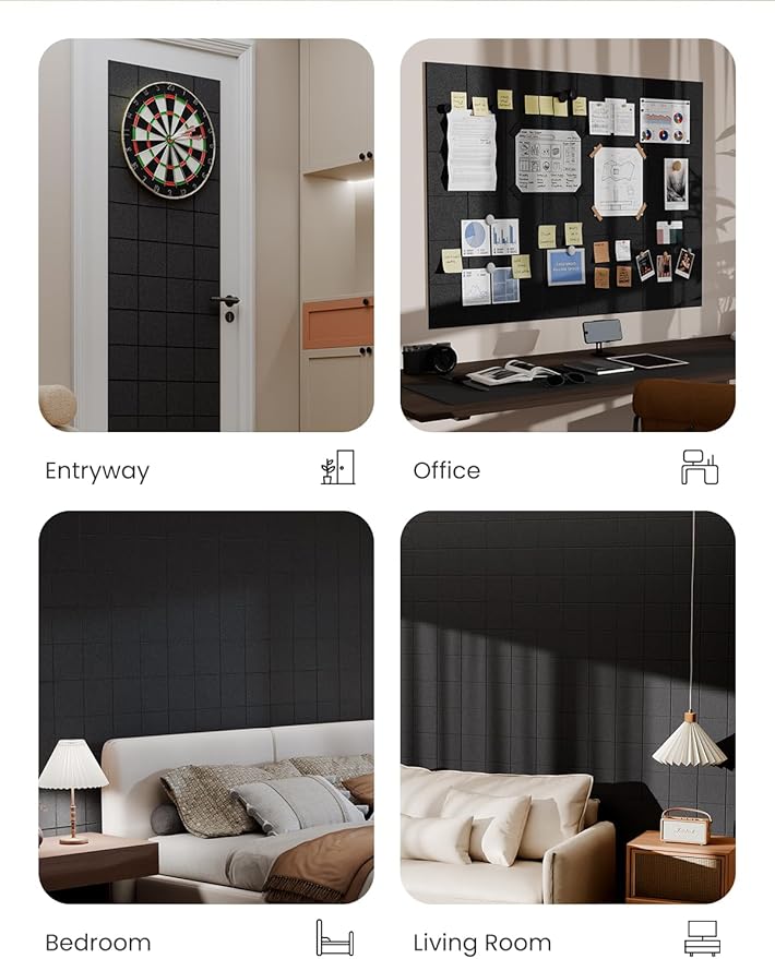 Bumusty Large Cork Board Alternative-47 x35 Felt Bulletin Board Tiles, with 30 Pushpins, 70 Adhesive Tabs, 12-Pack Slat Wall Paneling, Cork Boards for Office Push Pin Board Felt Board-Black