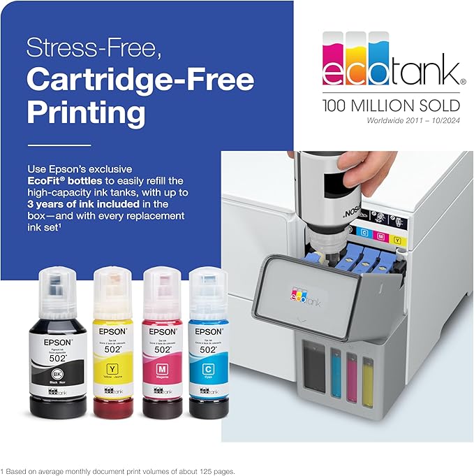 Epson EcoTank ET-2980 Wireless All-in-One Color Supertank Printer with up to 3 Years of Ink, Refillable Tanks, Perfect for Home, 15 PPM, 1.44" Color Screen, Auto 2-Sided Printing - White