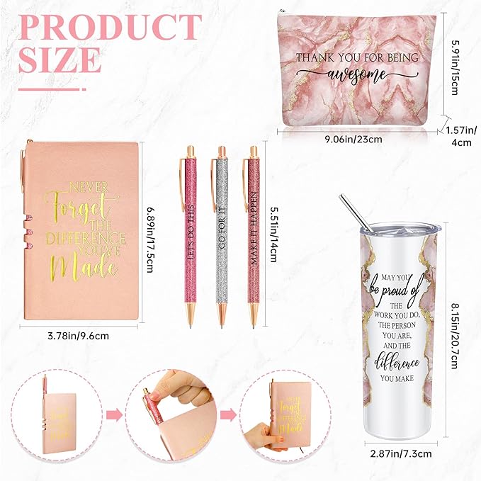 Domensi 6 Pcs Employee Appreciation Gift Set for Women Female Thank You Gift May You Be Proud 20 oz Rustic Marble Sign Tumbler Makeup Bag Journal for Teacher Nurse Lady Work Business(Pink)