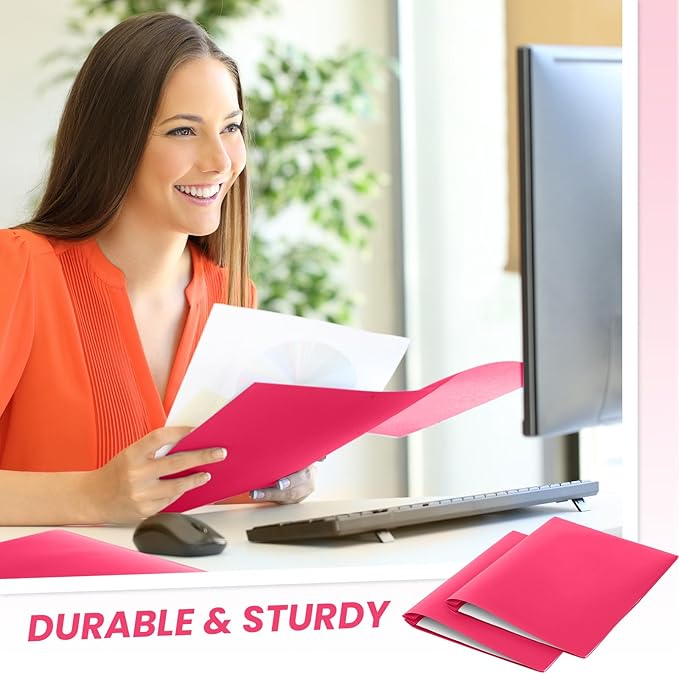 Yeaqee 30 Plastic Folders with Pockets and Prong Plastic Folders with 2 Pockets Pocket for Office, School for Students, Teachers, Office Workers (Rose Pink)