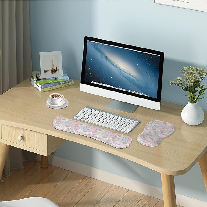 Wrist Rest Support for Mouse Pad Keyboard Set Circle Coaster Gaming Mouse Pad Ergonomic Gel Memory Foam Set for Computer, Laptop, Office, Pain Relief, Comfortably Typing Cute KM-37