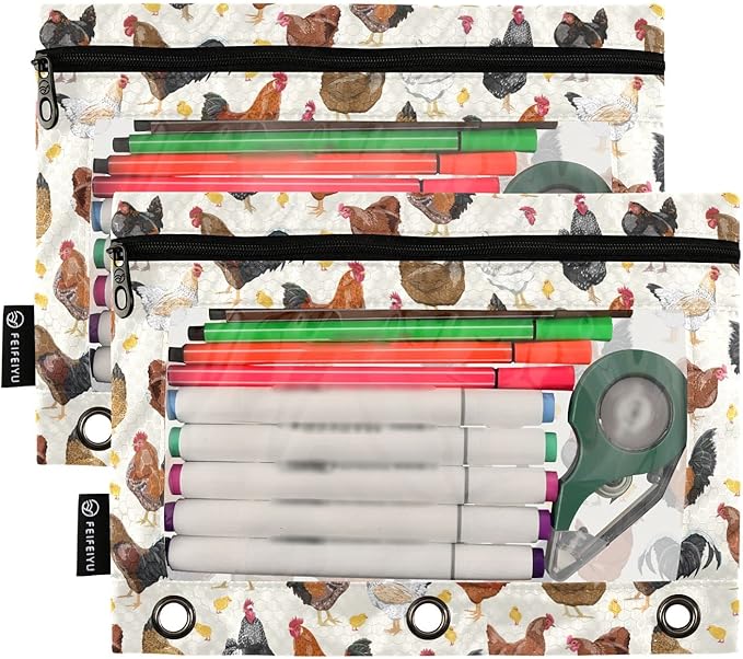 ALAZA Pencil Pouch for 3 Ring Binder, Hens Roosters and Chickens Binder Pencil Pouches with Clear Window Zipper Pencil Case Cosmetic Bags for Office College Supplies, 2PCS