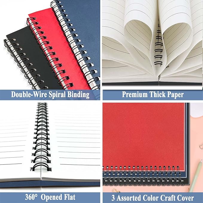 GINMLYDA 3Pack Small Spiral Notebook A5, 8.25x5.5” 120 Lined Pages Wide Ruled Spiral Journal Bulk Blank Kraft Cover Spiral Bound Notebook & Writing Pads for Home Office Meeting Work Note Taking