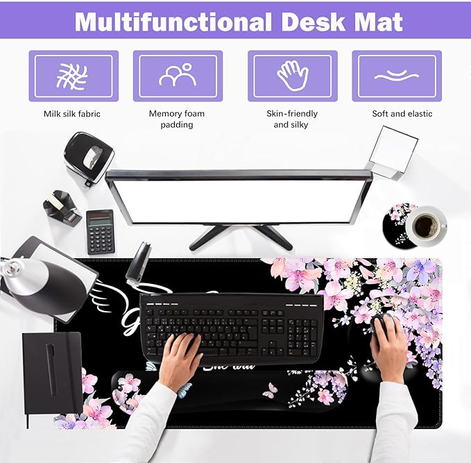 ARTSO Large Mouse Pad Ergonomic Keyboard Wrist Rest Support Combo, Psalm 46:5 God is Within Her, She Will not Fall -Bible Verse Flower Butterfly Extended Desk Mat Blotter