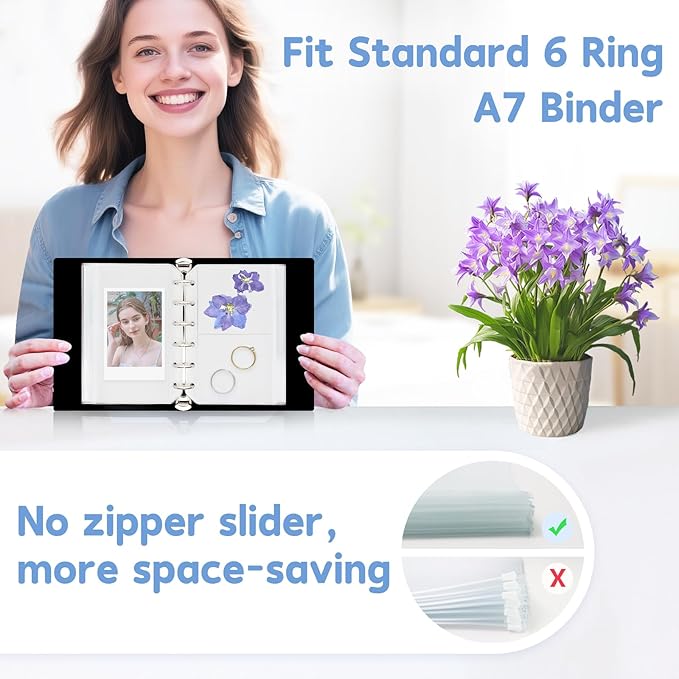 16 Pack Zippered Binder Pocket Sleeves for A7 Binder - Frosted Zipper Pouch Set Photo Card Jewelry Storage Organizer Binder Insert Refill Cash Saving Pages Protector Loose Leaf Bag (6-Hole)