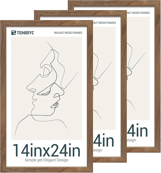 14x24 Picture Frame 3 Pack - Brown Walnut, Natural Solid Wood Poster Frame, Wall Gallery Frame