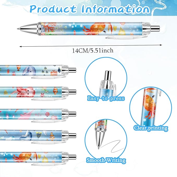 30 PCS Under Sea Ballpoint Pens Retractable Fish Shark Pens Under The Sea Party Favors with 1mm Black Ink Replaceable Ballpoint Pen Refill for Kids Birthday School Office Supplies(Under Sea,30)