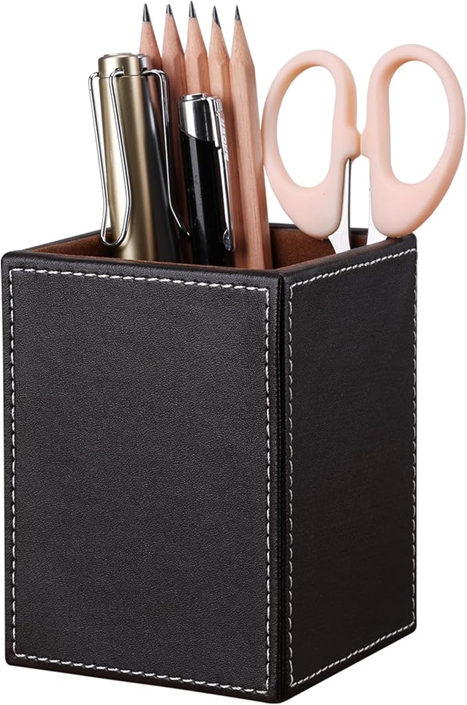 KINGFOM PU Leather Square Pens Pencils Holder Cup Desktop Stationery Organizer Case Office Accessories Container Box Brown