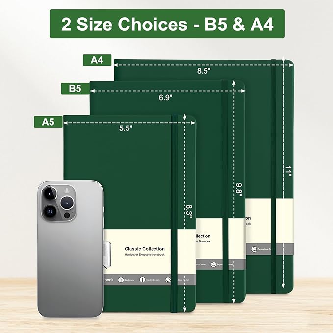 COMIX B5 Lined Journal Notebooks, 240 Pages, 6.9 x 9.8 Inches, Dark Green, Hardcover Journaling Notebooks for Men & Women- Fits for Office, Business, School, Notes Taking & Writing