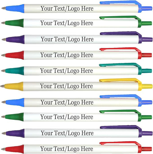 Personalized Click Stick Pens With your Custom Logo or Text-300 Pack Bulk-for Businesses, Parties, and Events, Custom Printed Retractable Slim Ballpoint Pens, Assorted Colors, Black Ink