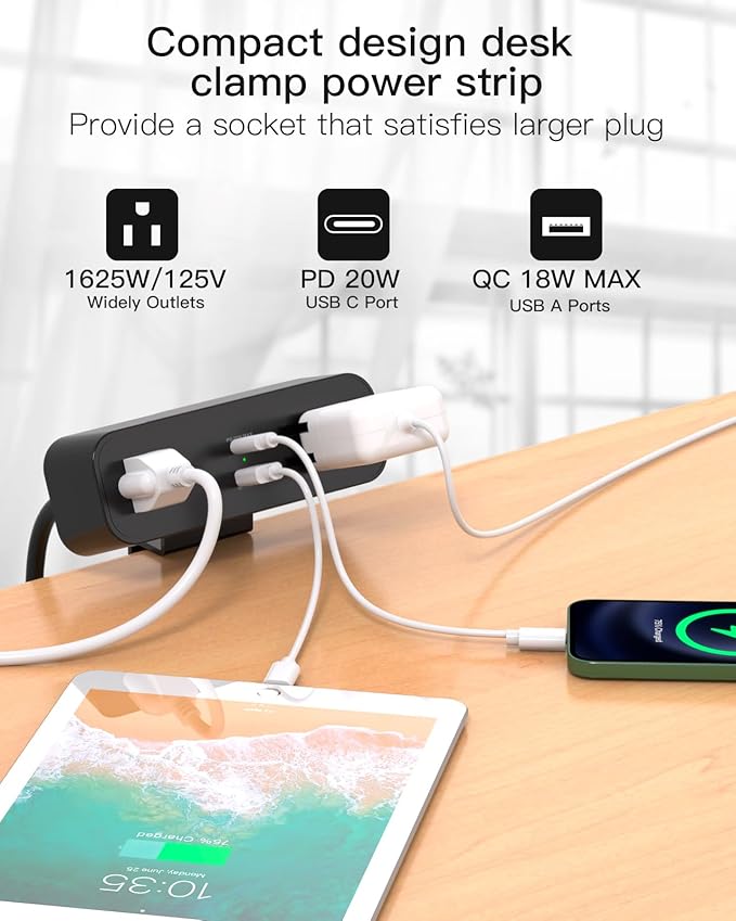 Desk Clamp Power Strip 10ft Flat Plug Extension Cord with USB C, 2 Outlets, Surge Protector USB C (PD 20W), USB A(QC 18W) Fast Charging Ports,Table Outlets for Home, Office, Black