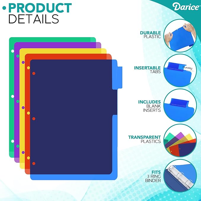 Darice 5-Tab Plastic Dividers 15 Pcs - Binder Dividers with Tabs - Multicolored Plastic Divider for 3 Ring Binder - File Organization – Ideal for Office, Back to School Supplies