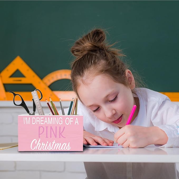 Pink Christmas Pen Holder for Desk, I'm Dreaming of a Pink Christmas Wooden Box Sign Desk Decor for Girls Bedroom Home Office Decoration, Preppy Xmas Pencil Organizer