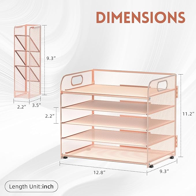 SUPEASY 5 Tier Desk Organizer with Handle & Removable Pen Holders, Mesh Paper/File Organizer for Office Supplies, Rose Gold