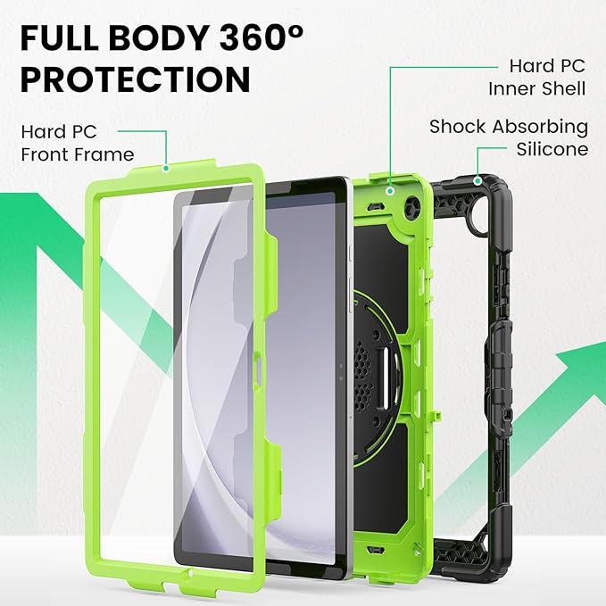 SEYMAC Case for Samsung Galaxy Tab A9+/ A9 Plus Case 11" (SM-X210/X216/X218), Heavy Duty Shockproof Protective Case with Screen Protector, Rotating Stand, Hand/Shoulder Strap, Green