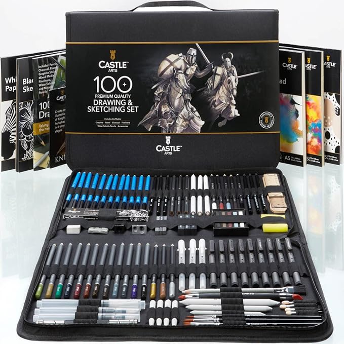 Castle Art Supplies 100 Piece Drawing & Sketching Set | Graphite, Charcoal, Pastel, Metallic Pencils + More for Professional and Adult Artists