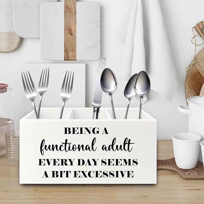 Funny Pen Pencil Holder Organizer for Desk, Sarcastic Gifts for Women Men Coworkers, Adult Humor Gifts, Being a Functional Adult Funny Wooden Box Sign for Home Office Desk Tabletop Decorations