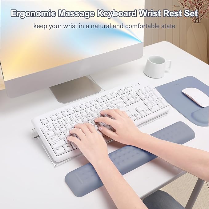 MOSISO Computer Keyboard Stand&Wrist Rest Support for Keyboard &Mouse Pad Set, Ergonomic Massage Wrist Rest Set, Easy Typing Working Acrylic Clear Stand for Office Home, Lavender Gray