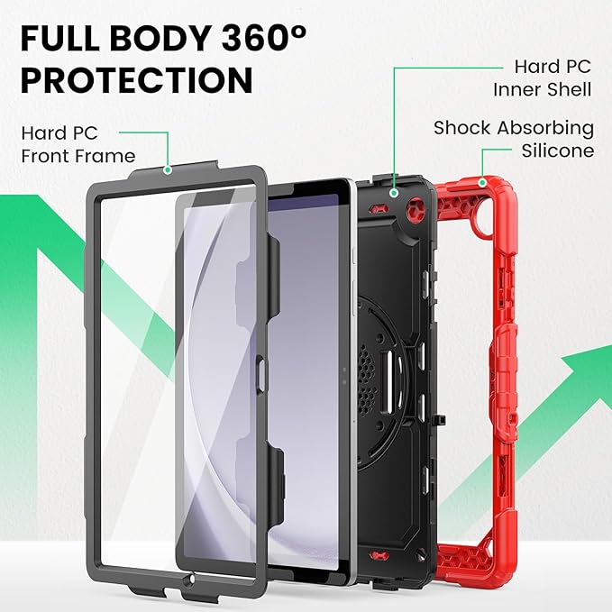 SEYMAC Case for Samsung Galaxy Tab A9+/ A9 Plus 11" (SM-X210/X216/X218), Heavy Duty Shockproof Protective Case with Screen Protector, Rotating Stand, Hand/Shoulder Strap and Pen Holder, Red