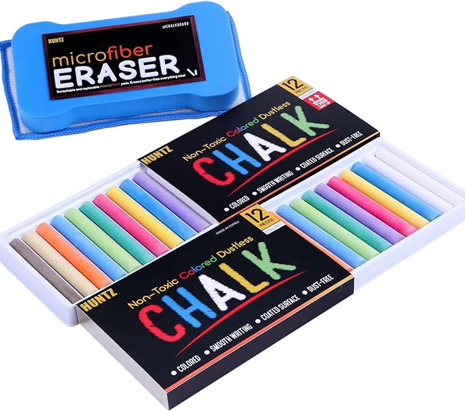Huntz Dustless Chalk With Microfiber Eraser (Washable & Reusable) (24 Multi-Color Chalks + Eraser)