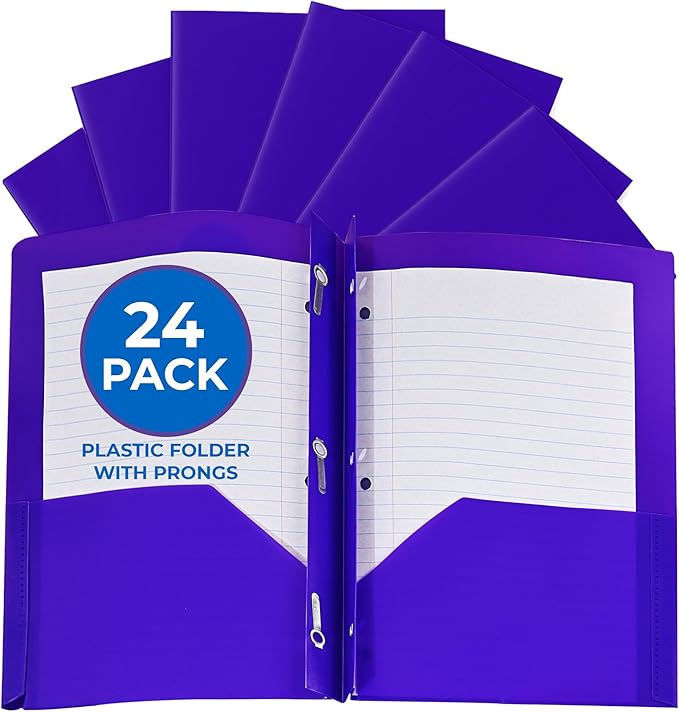 24 Pack Purple Plastic Folders with Pockets Heavy Duty. 2 Pocket Folder with Prongs Bulk. Tear-Resistant Letter Size 8.5x11. Presentation Ready School and Office Supplies