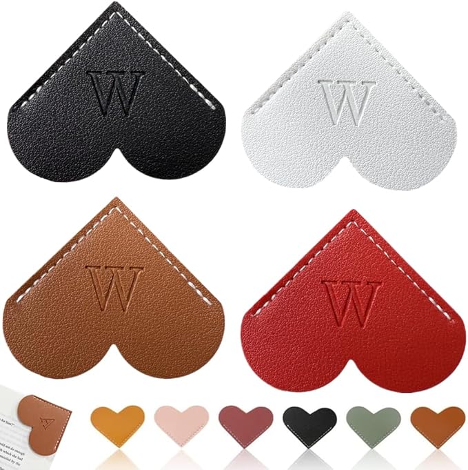 Personalized Leather Heart Bookmark, 26 Letters Customized Corner Book Mark for Reading, Book Holder Markers with Initials Page Book Accessories Cute Gifts (Black+White+Dark Brown+red,W)