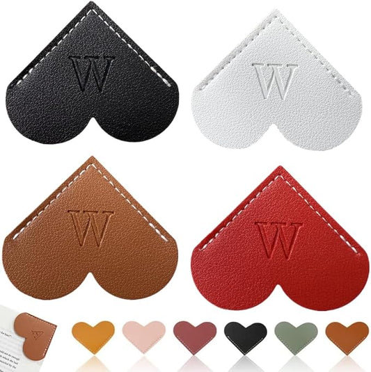 Personalized Leather Heart Bookmark, 26 Letters Customized Corner Book Mark for Reading, Book Holder Markers with Initials Page Book Accessories Cute Gifts (Black+White+Dark Brown+red,W)