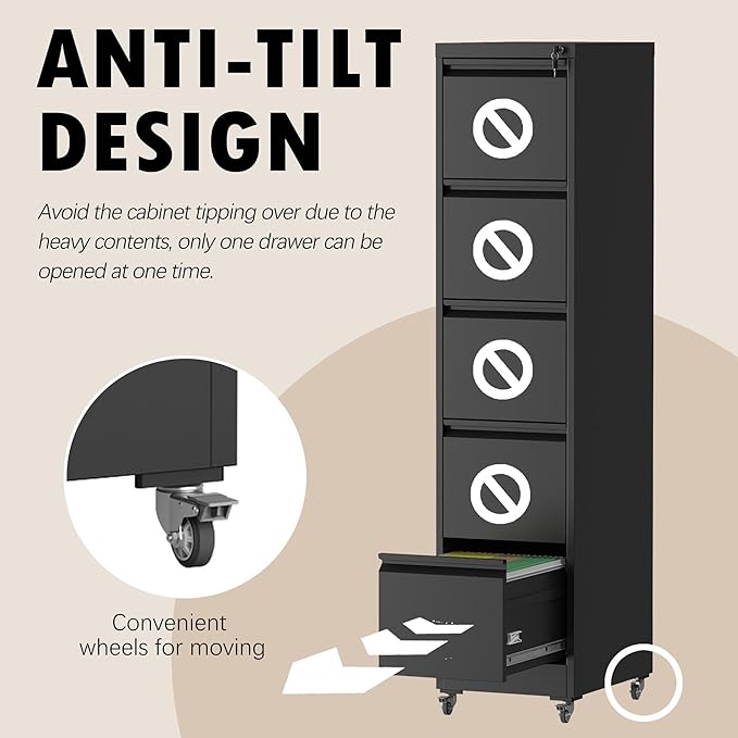 5 Drawers Filing Cabient with Wheel, File Cabinet with Lock, Steel Vertical Filing Storage Cabinet for Office, Heavy-Duty File Cabinets for Letters/Legal/A4 (Require Assembly, Black)