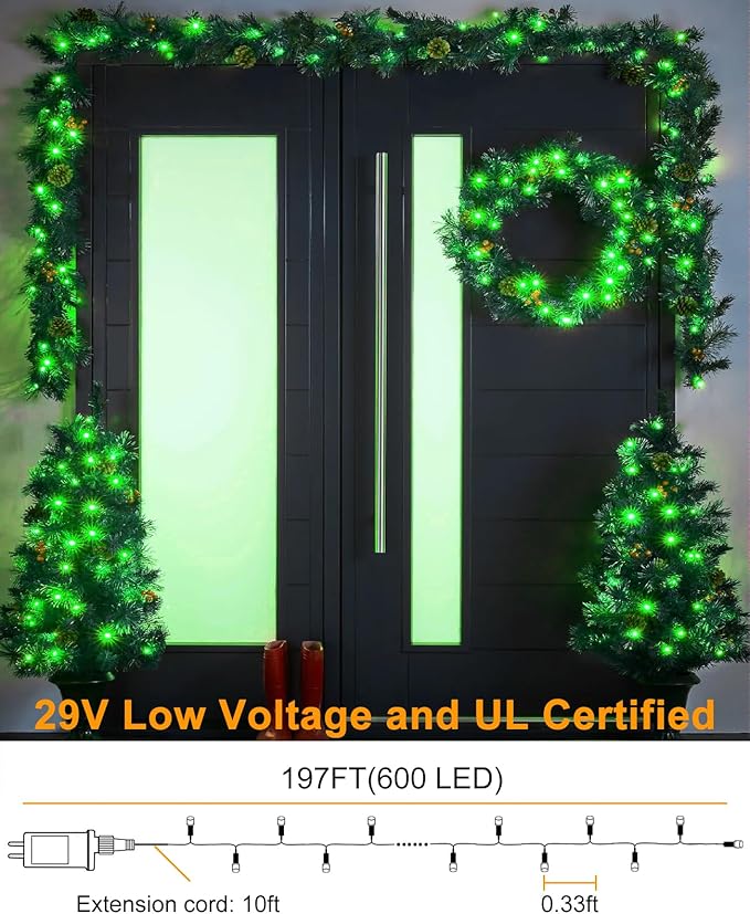 197FT 600 LED Christmas Lights Outdoor, Plug in Christmas Tree Lights 8 Modes, Waterproof Green Wire String Twinkle Lights for Indoor Bedroom House Patio Garden Party Holiday Decorations, Green