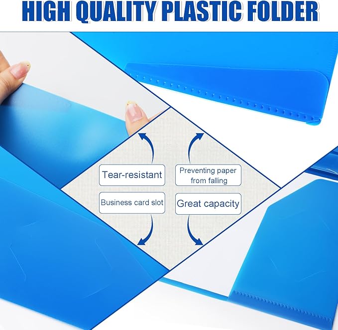 Pastel Plastic File Folders with Pockets and Prongs, 7 Pack, A4 Letter Size, Heavy Duty Waterproof Office Folders with Clear Front Cover for School, Home, and Office (Bright Blue)