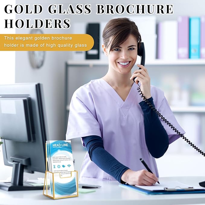 2 Pcs Gold Glass Brochure Holder Stand 4 Inch Countertop Clear Literature Trifold Pamphlet Holder Flyer Brochure Display Stand for Magazine, Booklets, Menu, Journals