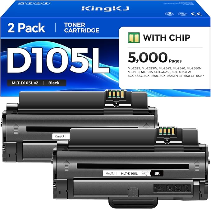 MLT-D105L Toner Cartridge Black 2-Pack High-Yield Replacement for Samsung MLT-D105L D105L Compatible with Samsung ML-2525 ML-2540 ML-2580N ML-1910 ML-1915 SCX-4623F SCX-4623FN SCX-4600 SF-650 Printers