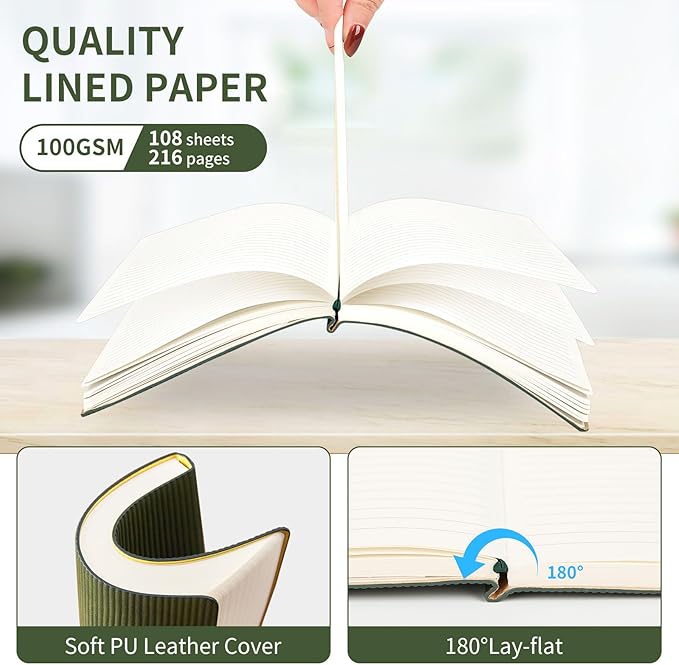 TSFPapier A5 Lined Notebook with Pen & Gift Box 216 Pages PU Leather Journal for Women Men 100GSM Thick Paper College Ruled Notebook for School,Travel,Business,Work,Home Writing (Dark Green)