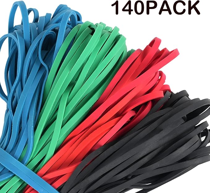 Large Rubber Bands 140 Pack, Heavy Duty Big Elastic Bands Size #117, Colored (Black, Blue, Red, Green), 7x1/8 Inches, Fits Up to 33 Gallon Trash Cans