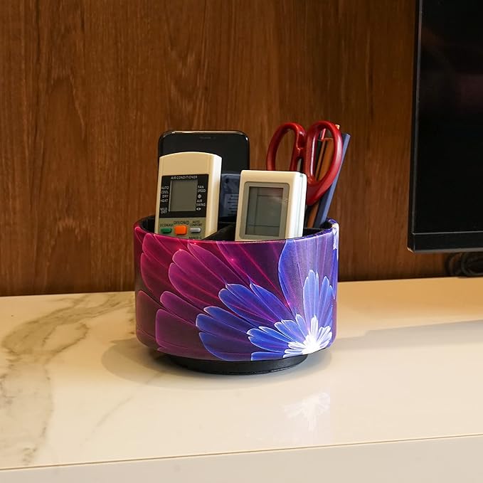 lizimandu Round Leather Art Supply Organizer,Remote Control Holder,360 Degree Spinning,Multi-Functional Pencil Holder,4 Compartments Desktop Stationary Organizer(1-Blue Fractal Flower)
