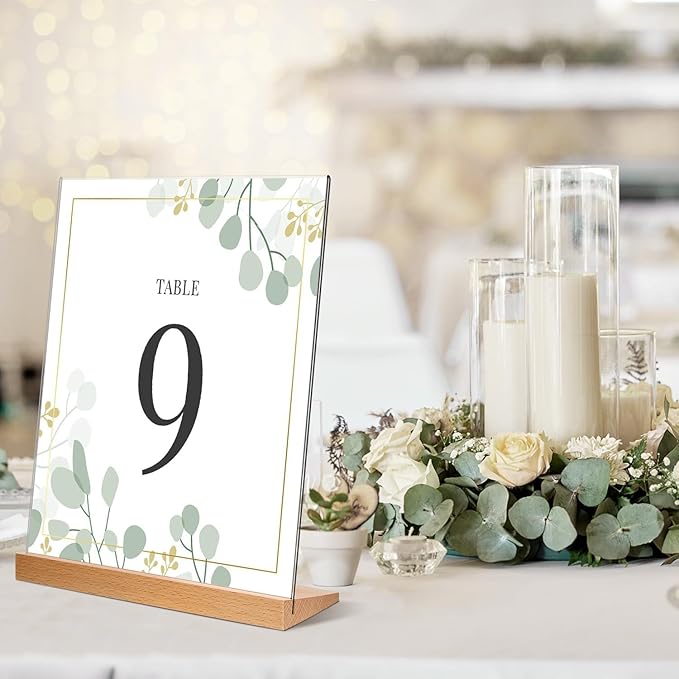 EHWINE 8.5 x 11 Acrylic Sign Holder, 6 Pack L Shape Frames With Wood Base, Clear Table Flyer Menu Stand for Office Business Store, Brown and Wood Color Base