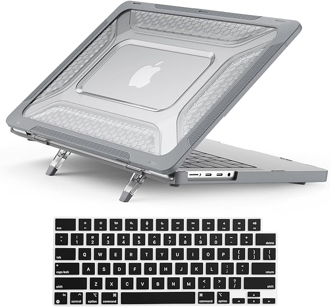 KEROM Heavy Duty Case for MacBook Air 13 inch 2025-2022 M4 M3 M2 A3240 A3113 A2681, MacBook Air M4 13 inch Case, Protective Rugged TPU Bumper Hard Shell with Foldable Kickstand & Keyboard Cover, Grey