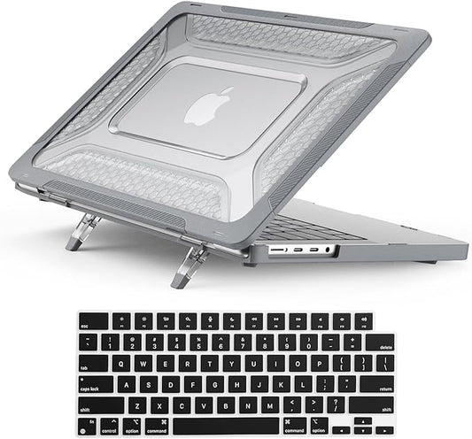 KEROM Heavy Duty Case for MacBook Air 13 inch 2025-2022 M4 M3 M2 A3240 A3113 A2681, MacBook Air M4 13 inch Case, Protective Rugged TPU Bumper Hard Shell with Foldable Kickstand & Keyboard Cover, Grey