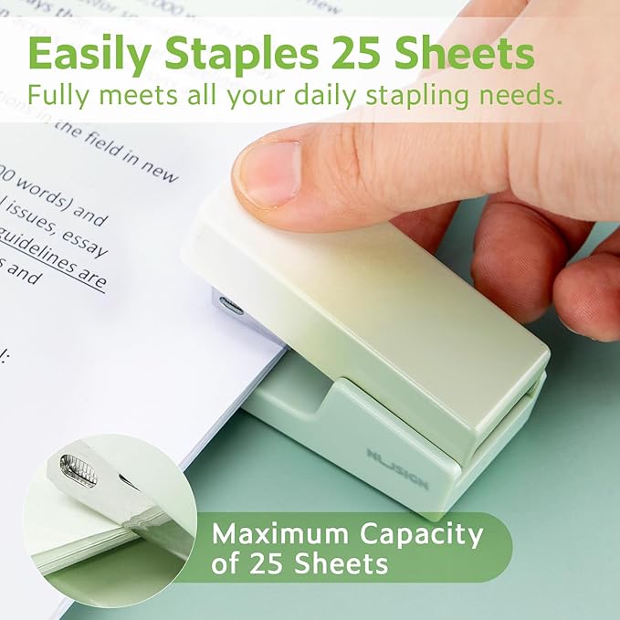 Mini Stapler with 830 Staples, Small Cute Desk Staplers, 25 Sheet Capacity, Green-White Gradient