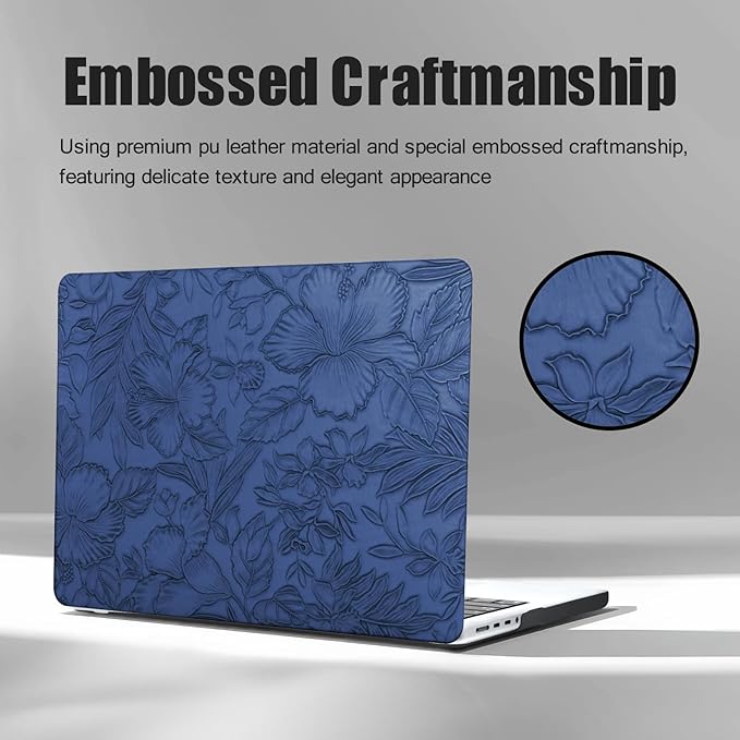 DTangLsm Compatible with MacBook Air 13 inch Case 2022 2021 2020-2018 A2337 M1 A2179 A1932, Elegant Textured Retro Leather Hard Shell Case for MacBook Air M1 Cover + Keyboard Skin,Blue Embossed Floral