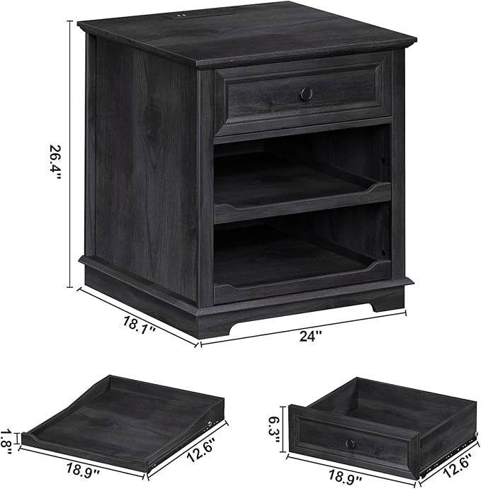 Lateral File Cabinet 3 Drawer File Cabinet with Charging Station, Printer Stand with Open Adjustable Storage Shelves, Lateral Filing Cabinet for Home Office, Black