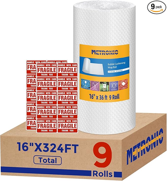 Metronic Bubble Cushioning Wrap 9 Pack 16 Inch x 324 FT, Dense Bubble Packing Air Wrap Clear Bubble Packing Roll for Shipping and Moving Supplies, Perforated Every 12"