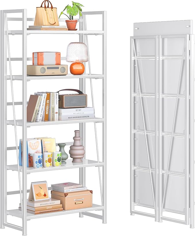 4NM No Assembly Folding Bookshelf, 5-Shelf 62.2" H Collapsible Foldable Bookcase Storage for Small Spaces, All White