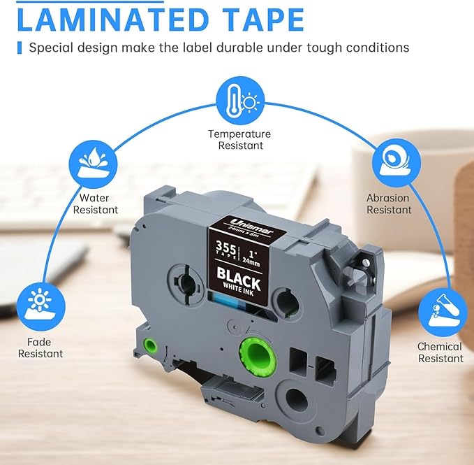Unismar TZe-355 Compatible for Brother Ptouch 24mm 0.94 Laminated White on Black Label Tape TZ355 TZ Tape Work for PTD600 PT-P700 PT-2430PC PT-D600VP PT-D800W PT-P900W Label Maker, 1'' x 26.2', 4-Pack