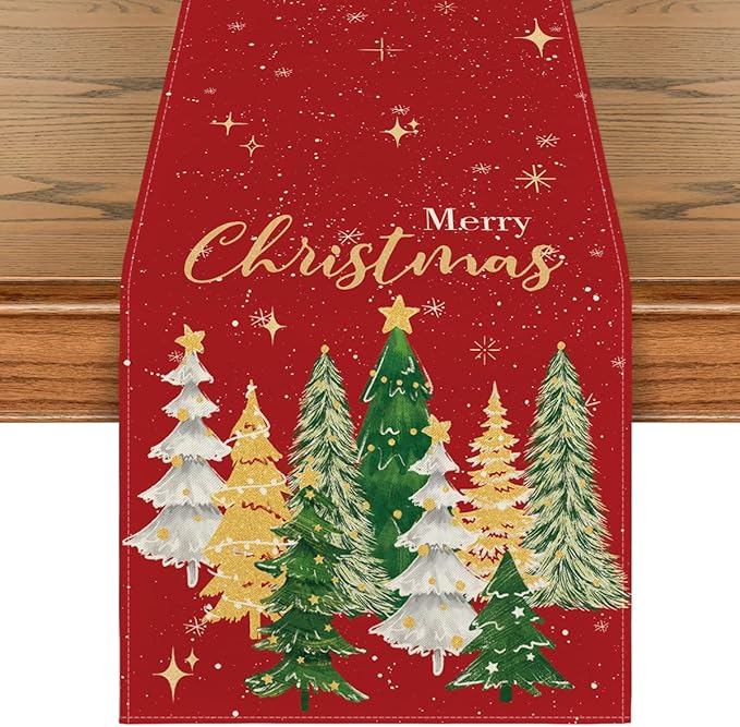 Artoid Mode Xmas Trees Merry Christmas Table Runner, Seasonal Winter Red Kitchen Dining Table Decoration for Home Party Decor 13x60 Inch