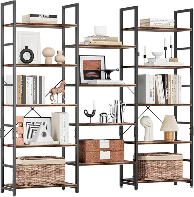 NUMENN Triple 5 Tier Bookshelf, Wide Book Shelf with 14 Open Display Shelves, Modern Tall Bookcase Furniture for Living Room Home Office, Vintage