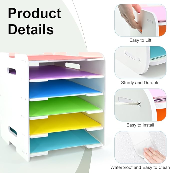12x12 Paper Organizer, 6-Tier Scrapbook Paper Storage, Stackable Desktop File Holder for Home, Office, Classroom, and Craft Room