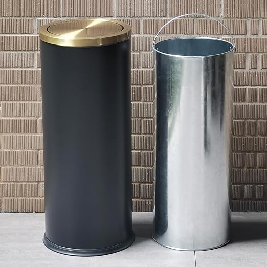 Brushed Gold Kitchen Trash Can with Swing Lid 7.8Gallon,Stainess Steel Commercial Garbage Can Wastebaskets for Shopping mall,Hotel Lobby,Airport, Alevator Using (Black with gold lid, 7.8 gallon)